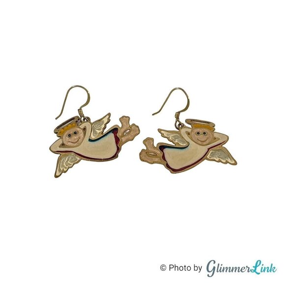Vintage Whimsical Angels Enamel Cloisonné Drop Dangle Gold Tone Earrings - Picture 1 of 10